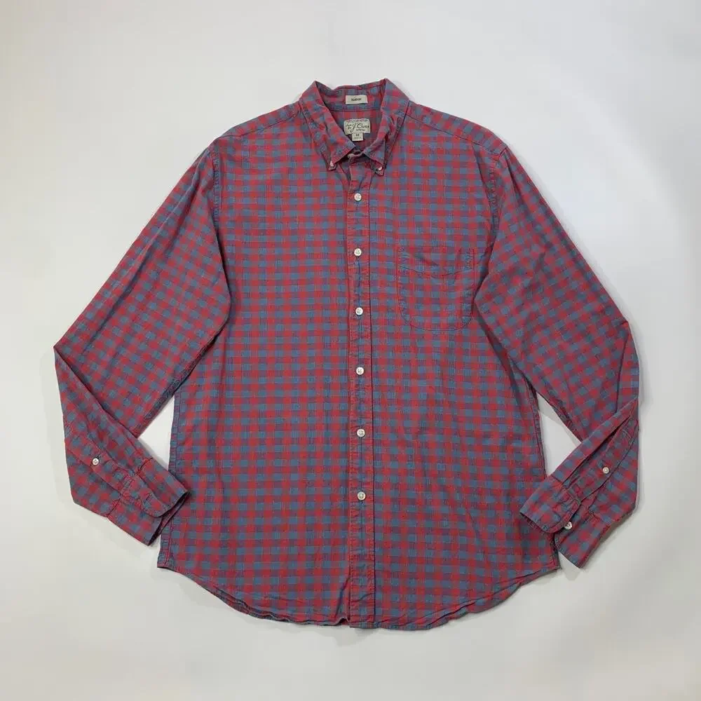 J Crew Shirt Mens M Medium Red Blue Secret Wash Classic Stretch Gingham Check